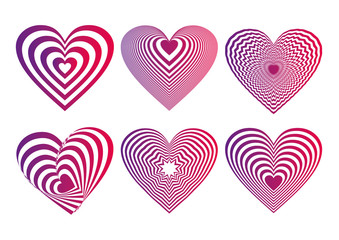 violet and neon red gradient Heart Icons Set, ideal for valentines day and wedding. Vector illustration isolated on white. 