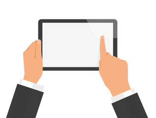 Men's hands hold the tablet. Vector flat illustration.