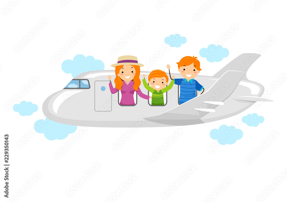 Sticker stickman family travel plane illustration