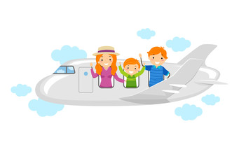 Stickman Family Travel Plane Illustration