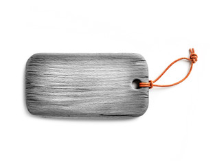 gray wood label with leather cord