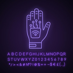 Human microchip implant in hand neon light icon