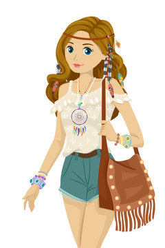 bohemian girl with brown bag clip art preview
