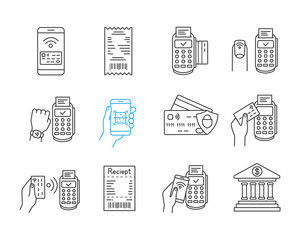 NFC payment linear icons set