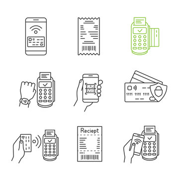 NFC payment linear icons set
