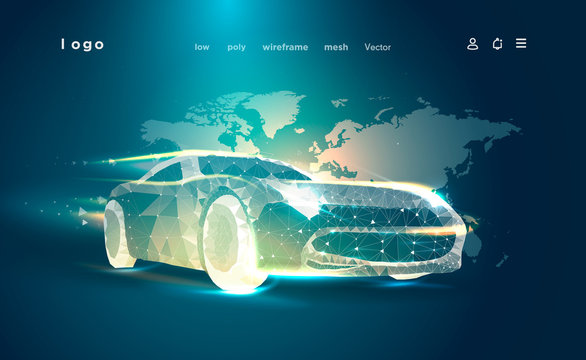 Car triangle low poly art illustration.Automotive industry advertising banner.3D automobile on map background. Polygonal space low poly with connected dots and polygon lines.Vector wireframe mesh auto