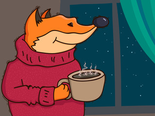 fox in a sweater looking out the window with a cup in his hand