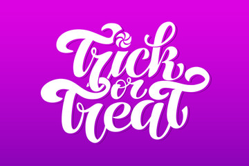 Trick or treat. text for party invitation, greeting card, banner. Handwritten holiday calligraphy poster, badge template. Lettering typography halloween illustration on isolated background.