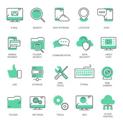 Business and marketing, programming, data management, internet connection, social network, computing, information. Thin line blue icons set. Flat vector illustration