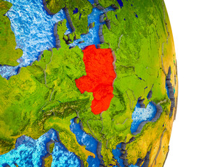 Visegrad Group on 3D model of Earth with divided countries and blue oceans.