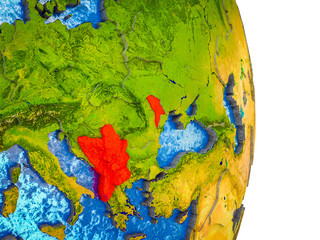 CEFTA countries on 3D model of Earth with divided countries and blue oceans.