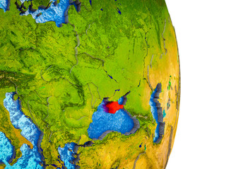 Crimea on 3D model of Earth with divided countries and blue oceans.