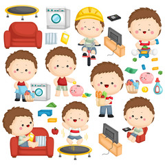 a vector set of a boy doing many activities