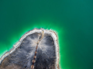 Azure lake top view, abstract fantasy green and brown pattern background