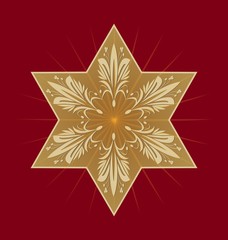 Star of David on dark red background. Golden David star with antiguarian embossed floral ornament. Isolated jewish religious motif. Vector illustration
