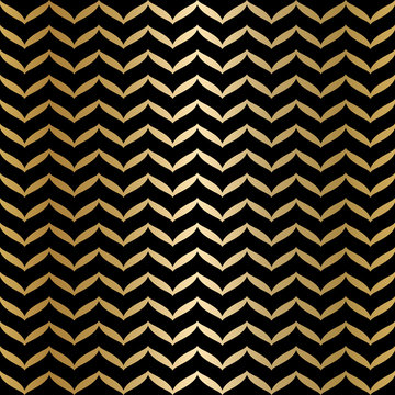 Geometric seamless black and gold texture. Golden wrapping paper pattern background. Simple luxury graphic print. Vector repeating striped modern swatch. Minimalistic leaves shapes.