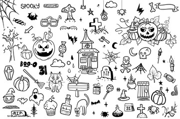 vector hand drawn Doodle cartoon collection set of icon and symbols about the Halloween day.