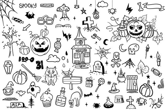 vector hand drawn Doodle cartoon collection set of icon and symbols about the Halloween day.