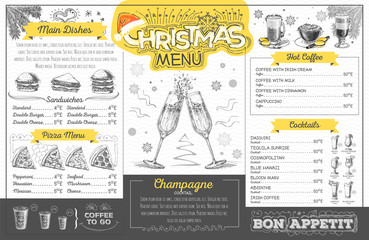Vintage holiday christmas menu design with champagne. Restaurant menu