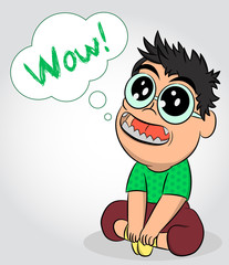 Little cute boy with glasses waiting for a gift. Surprised child opened his mouth. Guy with wow emotion. Design for print, t-shirt, logotype.