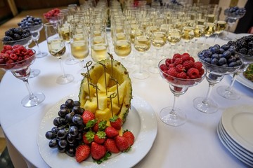 Buffet reception, decorations and table setting for a holiday