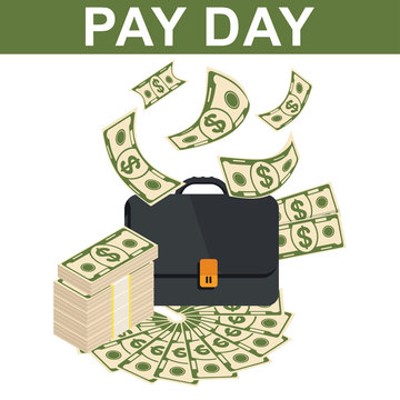 Tax day concept. Black business briefcase and flying dollar bills. Flat vector illustration on white background.