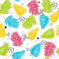 Colorful tropical leaves. Seamless graphic design with amazing palms. Fashion, interior, wrapping, packaging suitable. Floral jungle background. Summer nature print