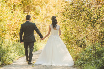 Wedding autumn. Happy bride and groom walking in the autumn forest