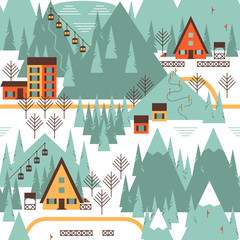 Christmas pattern in vector with winter houses, forest, ski lift in the mountains landscape. Flat cartoon style 