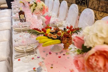 Buffet reception, decorations and table setting for a holiday