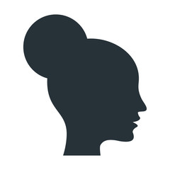 Black silhouette of an elegant female head in profile. Face of a young girl with long hair. Icon for skin care and beauty products.