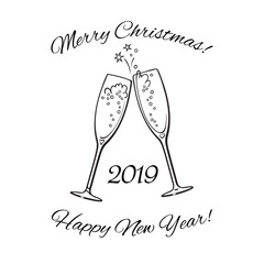 Two glasses of champagne. 2019 Merry Christmas and Happy New Year text. Hand drawn vector illustration.