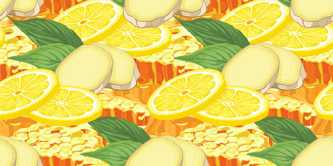 Lemon, ginger and honey comb seamless pattern. Citrus fruit, ginger and honey  background. Elements for menu, greeting cards, wrapping paper, cosmetics packaging, posters etc
