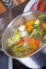 delicious autumnal vegetable soup with sausage and bacon