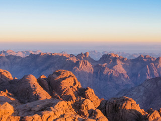 Spectacular aerial view of the holy summit of Mount Sinai, Aka Jebel Musa, 2285 meters, at sunrise, Sinai Peninsula in Egypt. © bennymarty