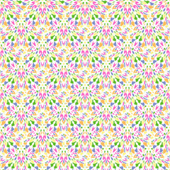 Vector seamless colorful vintage symmetric pattern. Abstract floral wallpaper. Texture for fabric, textile and surface design. Colorful kaleidoscope pattern in white, pink, blue and orange colors.