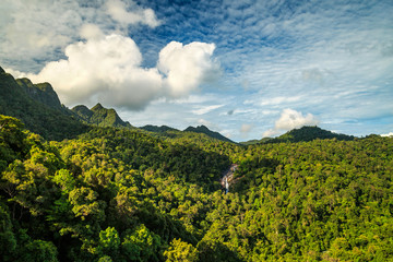 View of tropical island Langkawi in Malaysia, covered with tropical forests.