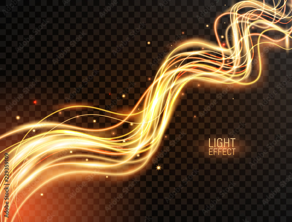 Wall mural magic light. gold wavy dynamic lines with sparkles on transparent background. futuristic waves in sp