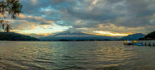 Mt.Fuji with kawaguchiko lake panorama sunset time