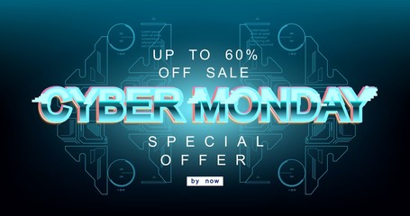 Cyber monday inscription in distorted glitch style. Digital author font, cyber font, advertising discount banner. reative template.