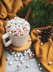 White Cup of Hot Chocolate, Yellow Plaid, Cone, Pine Branch, Fir Tree, Colorful Marshmallows, Winter,  Christmas