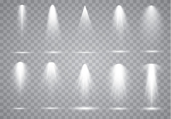 Scene illumination collection, transparent effects. Bright lighting with spotlights.