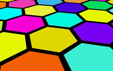 Fototapeta na wymiar Honeycomb multi-colored. Perspective view on polygon look like honeycomb. Wavy surface. Isometric geometry. 3D illustration