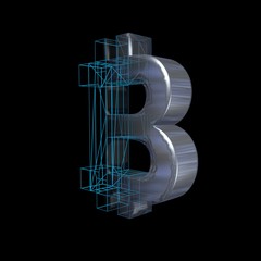 Bitcoin sign, blue grid goes to platinum or silver on a black background. 3D illustration