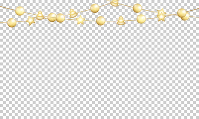Garland with gold shiny balls for Christmas and New Year. Festive gold metallic decoration.