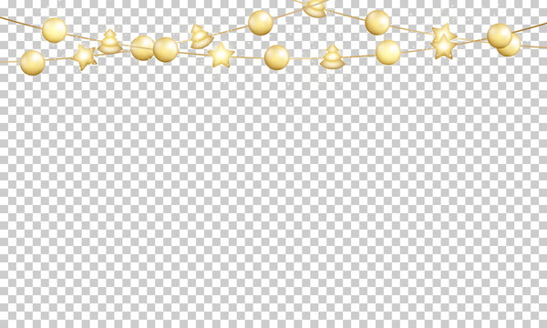 Garland with gold shiny balls for Christmas and New Year. Festive gold metallic decoration.