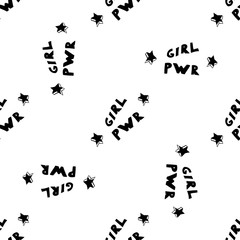 Fashion sketch. Glamour seamless pattern with girls power. Girlish print for clothes, textiles, wrapping paper, web. Isolated elements. Vector feminism symbol seamless pattern. Feminist background