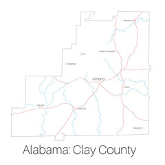 Detailed map of Clay county in Alabama, USA