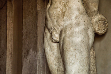 Fig leaf history. Fragment of a male statue of the Renaissance. The penis of the statue was split off with a hammer in the 17th century, among many others, by order of Pope Innocent X.