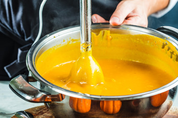 Pumpkin pureed for soup with blender